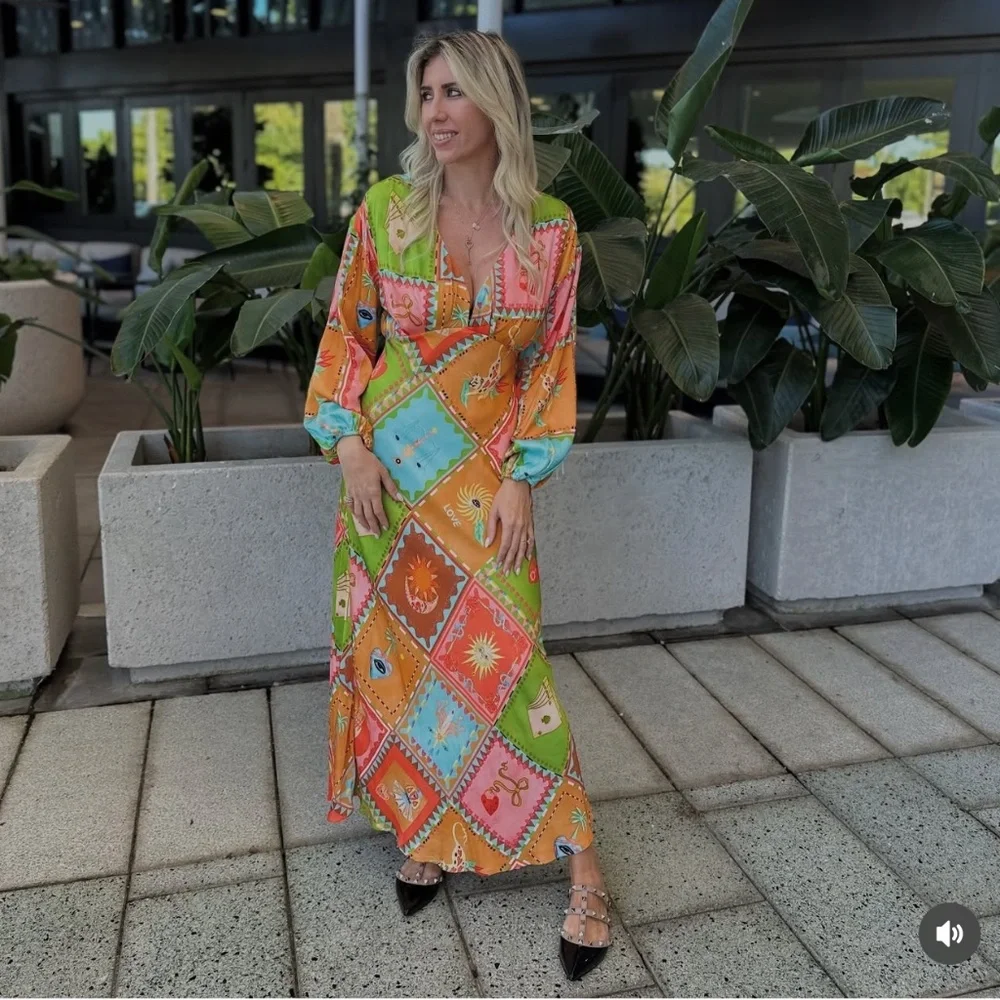 Never Fully Dressed balloon sleeve midaxi dress in multi print